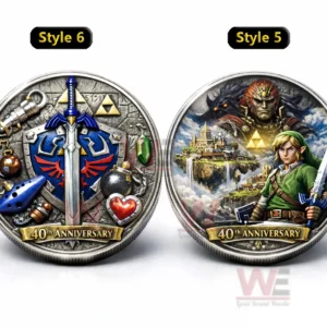 Two anniversary medallions displayed together featuring a silver sword and shield coin with colorful fantasy items and a second coin with a hero and villain illustration over a floating island with 40th Anniversary text!