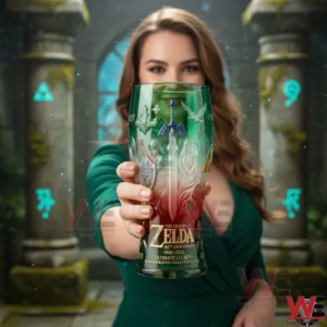 A person holding a green and red Legend of Zelda fortieth anniversary collectible glass in front of a fantasy temple environment with glowing runes!