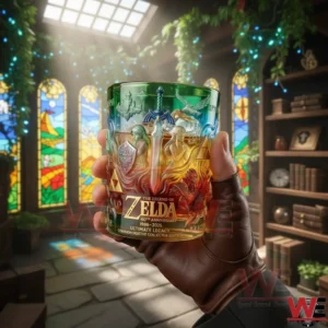 Zelda 40th Anniversary Skyward Legacy Whiskey Glass 6 Hand holding a Zelda anniversary whiskey glass in a fantasy room with stained glass windows and plants!