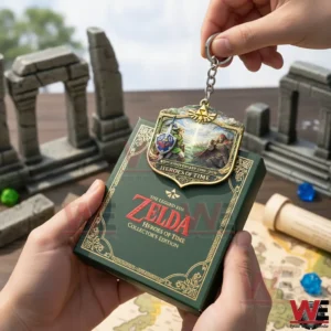 Zelda Heroes of Time anniversary keychain held over a collectors edition box with themed tabletop props and stone ruin scenery!
