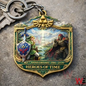 Zelda Heroes of Time keychain with Triforce symbol and character artwork placed beside keys on a textured stone background!