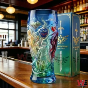 A detailed Zelda Master Sword commemorative glass with vibrant colors heroic character design and a premium collectors box background!