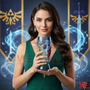 Zelda Master Sword 1986-2026 Glass 3 A woman in a green outfit holding a Zelda Master Sword anniversary glass with detailed fantasy design glowing effects and iconic symbols!