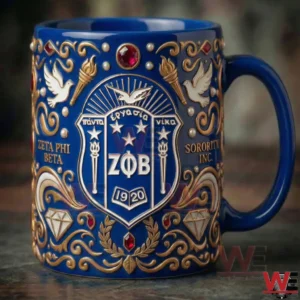 Decorative blue and gold Zeta Phi Beta ceramic mug with detailed crest and symbolic design elements!