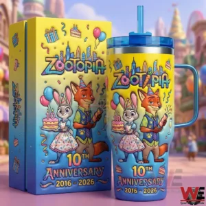 Zootopia ten year anniversary tumbler with Judy Hopps and Nick Wilde artwork shown beside a matching gift box!