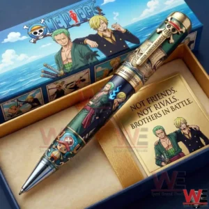 One Piece collector pen featuring Zoro and Sanji placed in a presentation box with pirate themed artwork!