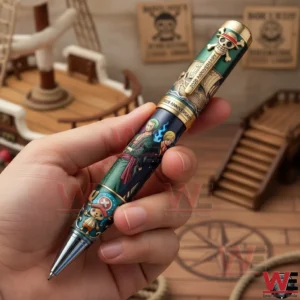 One Piece themed pen featuring Zoro and Sanji held by a hand with pirate ship decor in the background!