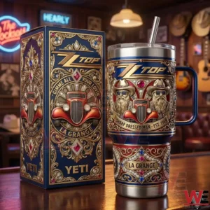 ZZ Top themed insulated mug with decorative box displayed on a wooden bar background!