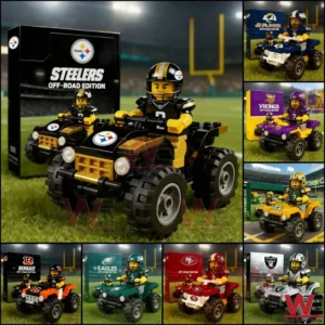 NFL team themed building toy quads with football players riding on a field!