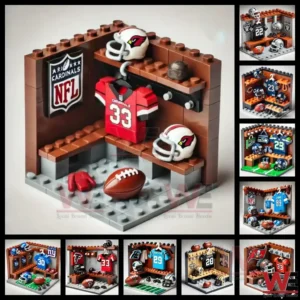Football team locker room building block display with helmet jersey and ball!