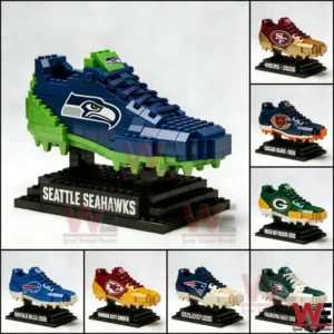 NFL team themed building block shoes on display stands!