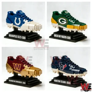NFL team building block shoes displayed on stands!