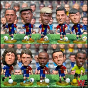 Modern Barcelona soccer player figures lined up on a football field v
