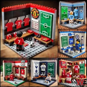 Building block football locker room with jerseys benches and team themed details!