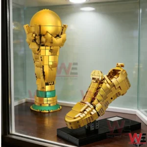 Golden soccer trophy building blocks displayed in a glass showcase!
