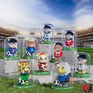 Cute block soccer player figures displayed in clear cases on a stadium field!