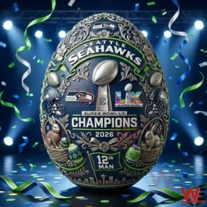 Decorative egg celebrating Seattle Seahawks Super Bowl LX Champions with team logos and football design!