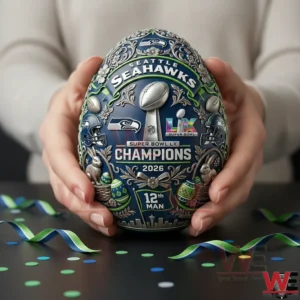 Hands holding decorative egg celebrating Seattle Seahawks Super Bowl LX Champions!