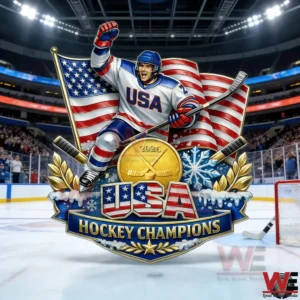 USA Hockey Champions 2026 emblem with a cheering hockey player American flag and gold medal!