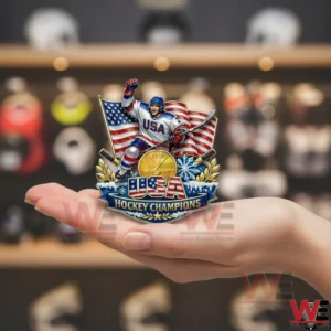 Hand holding a USA Hockey Champions 2026 pin with a blurred shop background!
