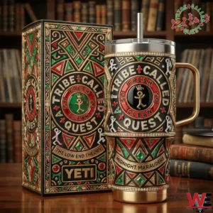 Decorative A Tribe Called Quest themed tumbler with matching box on wooden table.