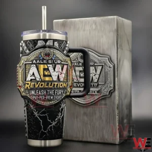AEW Revolution insulated tumbler with handle displayed next to its box!