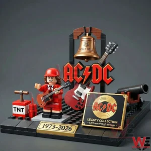 AC DC themed brick display with guitarist bell instruments and rock stage details!