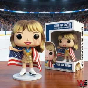 Stylized Team USA skater collectible holding a United States flag beside the matching box in an ice arena!