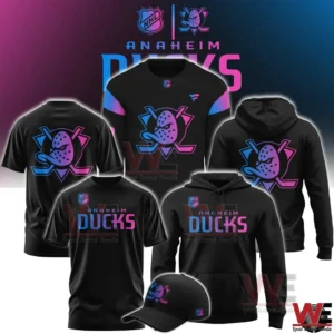 Anaheim Ducks black apparel set with neon blue and pink duck logo including jersey hoodie t shirt and cap!