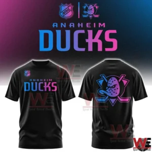 Black Anaheim Ducks t shirt with neon blue and pink duck mask logo on front and back!