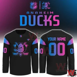 Black Anaheim Ducks long sleeve jersey with neon accents and customizable name and number!