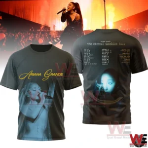 Dark shirt with Ariana Grande concert image on front and tour themed artwork on back!