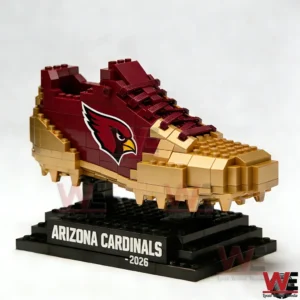 A brick built football themed shoe displayed on a black base!