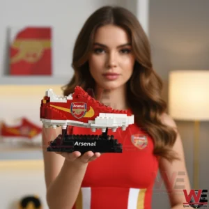 Arsenal football boot model made from red and white building blocks on a display base!