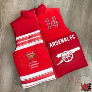 Red sleeveless Arsenal puffer vest with number fourteen and club symbols displayed flat!