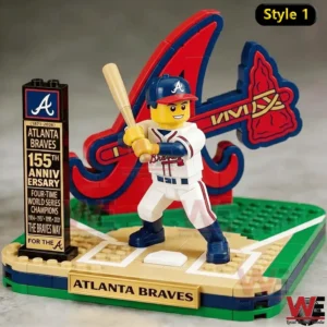 Brick model of Atlanta Braves baseball player with anniversary sign and large team logo background!