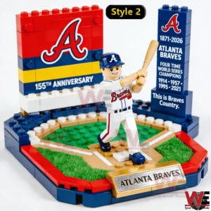 Brick model of Atlanta Braves baseball player on field with large logo wall and championship pillar!