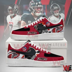 Red black and white Atlanta Falcons sneakers with team logos and NFL badge displayed on a white box.