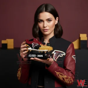 A woman holding an Atlanta Falcons themed building block sneaker on a display base!