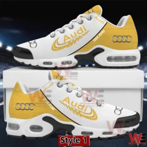 White and yellow Audi themed sneaker with custom name and air cushioned sole.