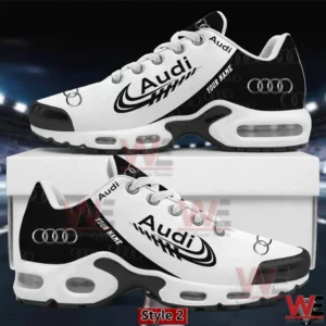 Black and white Audi themed sneaker with custom name and modern sporty design.