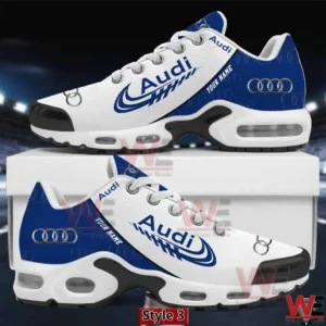 Blue and white Audi themed sneaker with customizable name and sporty sole.