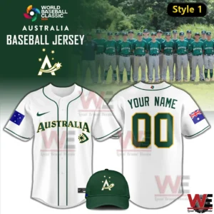 White and green Australia baseball jersey with matching cap for World Baseball Classic twenty twenty six!