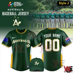 Dark green Australia baseball jersey with gold details and matching cap for World Baseball Classic twenty twenty six!