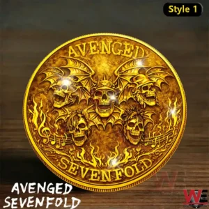 Gold tone Avenged Sevenfold coin with winged skulls flames and music symbols!