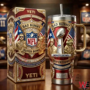 Yeti tumbler with Bad Bunny NFL Super Bowl themed design in red and gold colors!