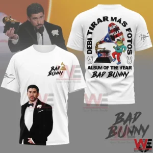 White t shirt with printed portrait of Bad Bunny wearing a black suit!