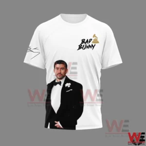 Bad Bunny Debi Tirar Mas Fotos Album of the Year Tee Shirt 4 Front view of white t shirt featuring a large Bad Bunny portrait!