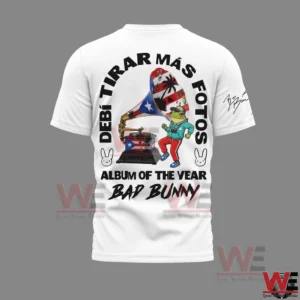 Bad Bunny Debi Tirar Mas Fotos Album of the Year Tee Shirt 5 Back of white t shirt with Debi Tirar Mas Fotos album artwork and text!