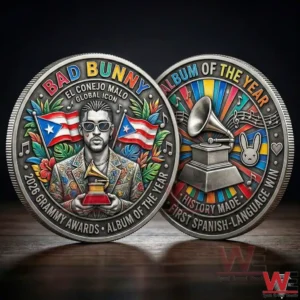 A detailed tribute coin featuring Bad Bunny with music award symbols and cultural elements celebrating Album Of The Year!